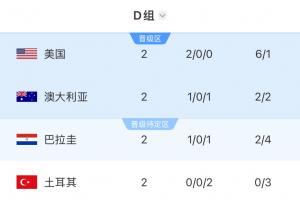 D组形势:美国第一土耳其出局 末轮澳大利亚vs巴拉圭胜者直接晋级