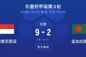 最后1分钟2球!印尼9-2孟加拉国,以进球多力压马来西亚晋级决赛